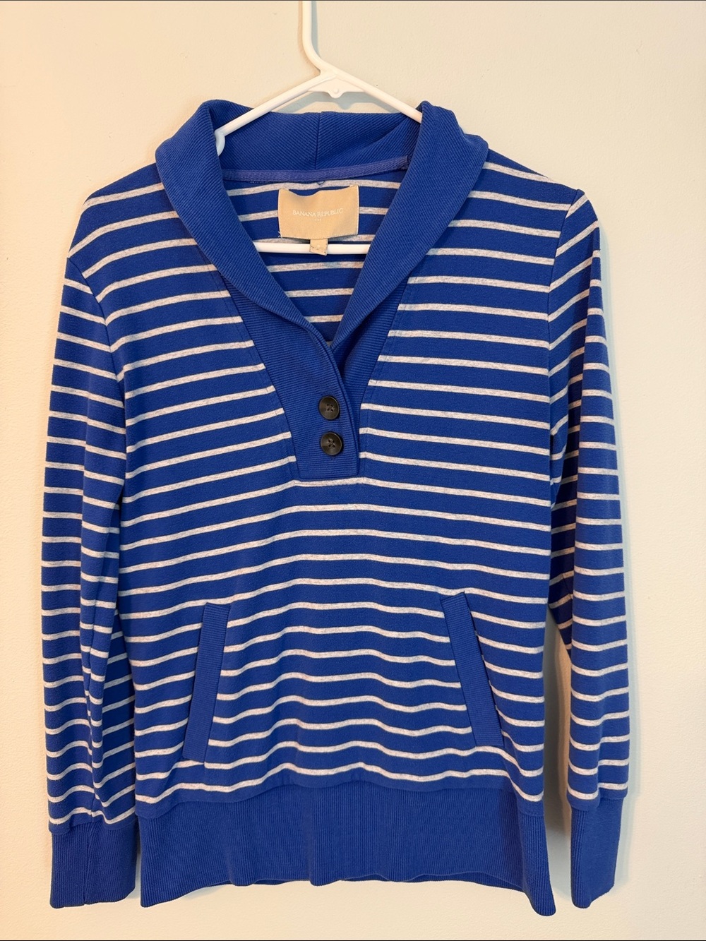 Banana Republic Blue and Ash Gray Striped Shawl-Collar Sweater